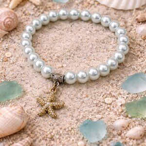 Faux Pearl Statement Bracelet w/ Starfish Charm • Beachy Coastal Mixed Metals